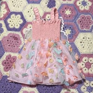 Pink Tulle Fairy Dress with Pastel Butterfly Appliqués And Fairy Wings.